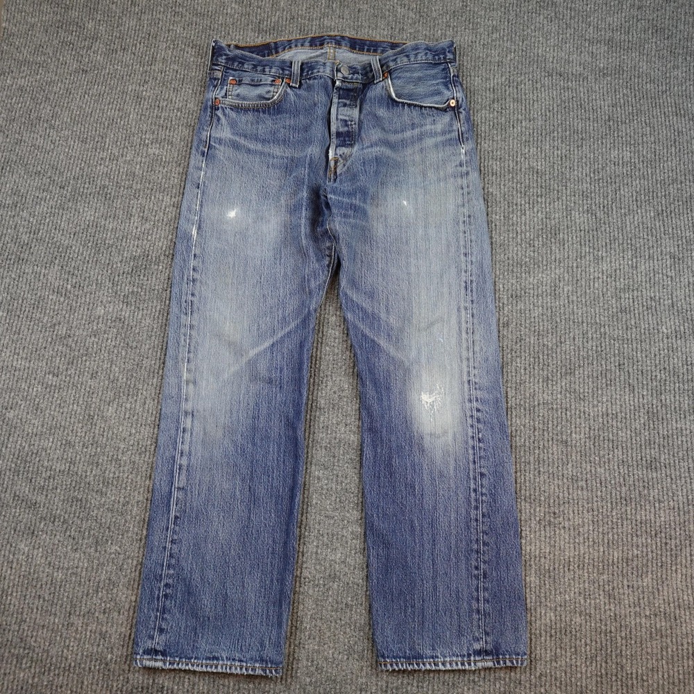 Levis 501 Jeans Mens 34x30 Blue Medium Wash Straight Button Fly Distressed Denim